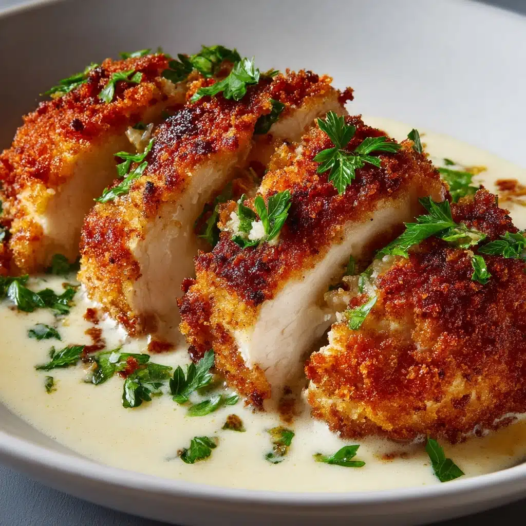 Crispy Parmesan Chicken with a Rich Garlic Sauce Recipe - Recipe Image