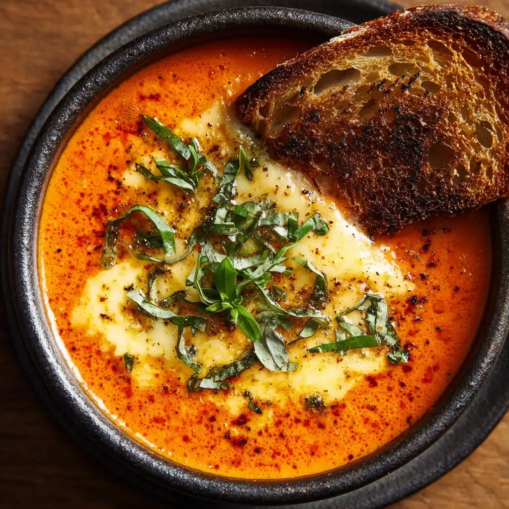 Tomato Soup with Cheese and Onion Toast Recipe - Recipe Image