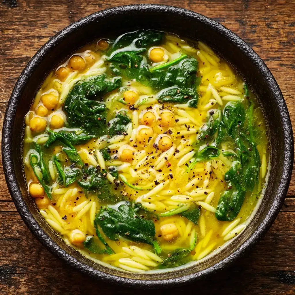 Golden Turmeric Soup with Chickpeas, Orzo, and Spinach Recipe - Recipe Image