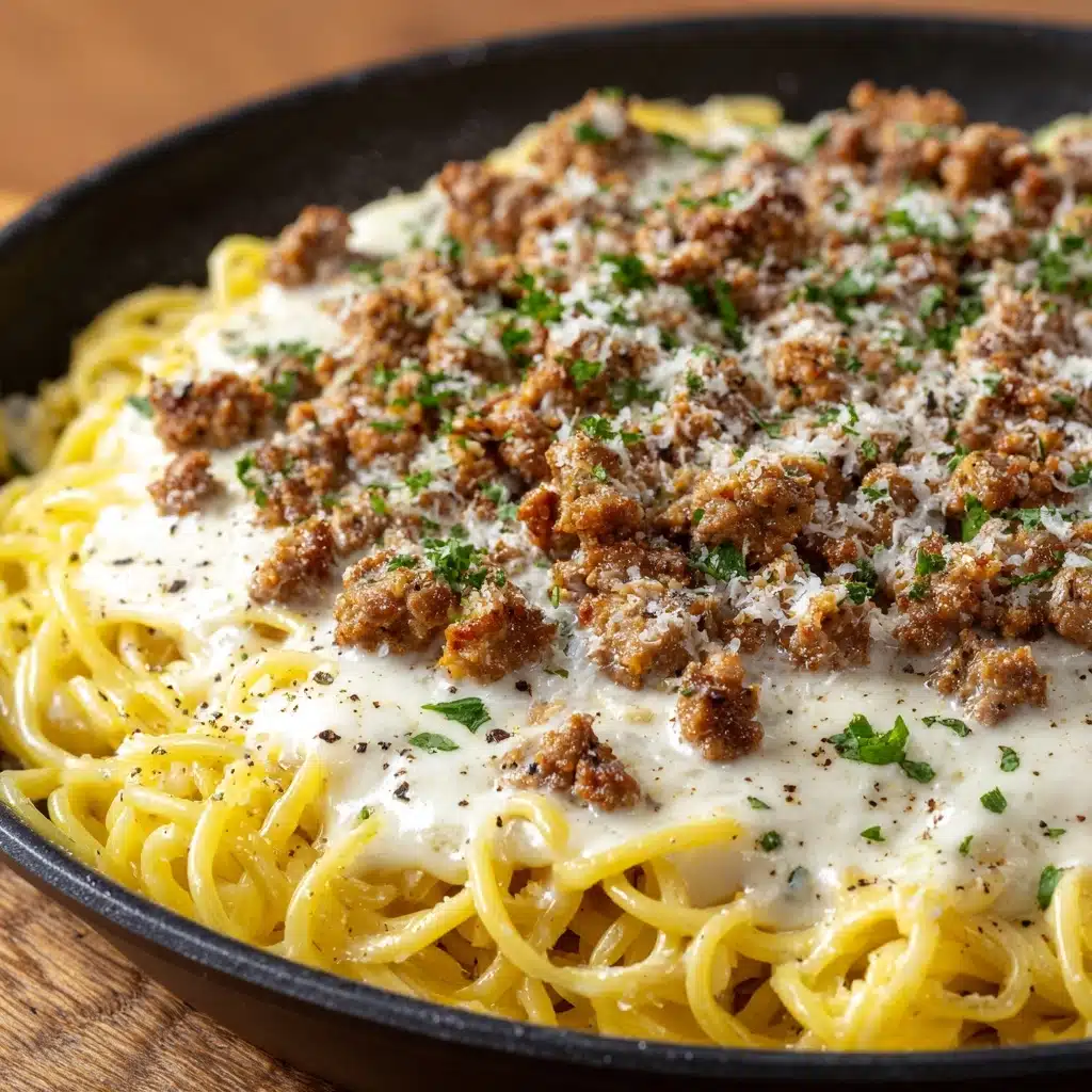 Cheesy Garlic Butter Linguine with Savory Ground Beef Recipe - Recipe Image