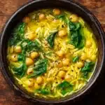 Golden Turmeric Soup with Chickpeas, Orzo, and Spinach Recipe