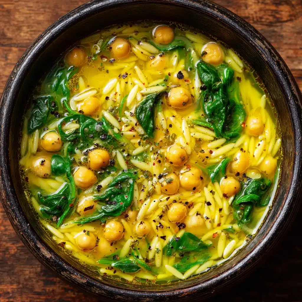 Golden Turmeric Soup with Chickpeas, Orzo, and Spinach Recipe - Recipe Image
