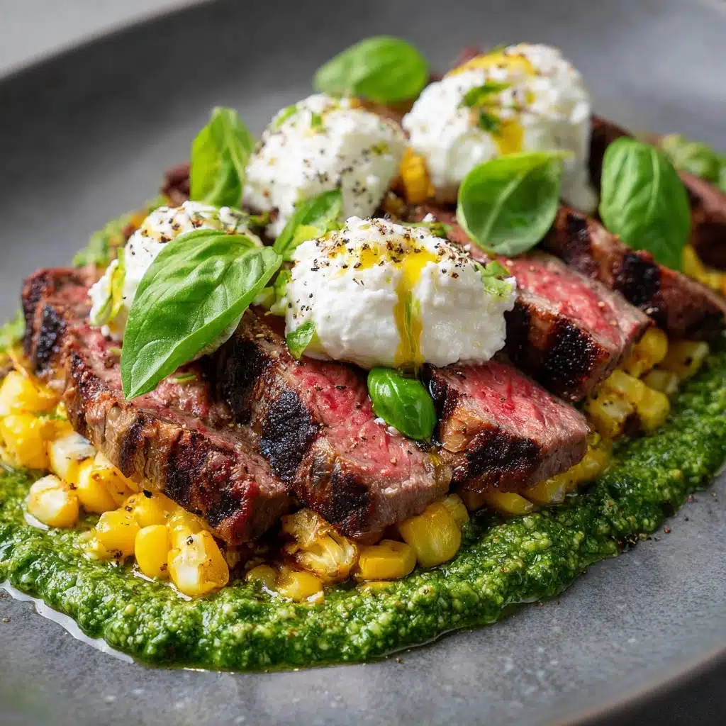Grilled Flank Steak with Burrata & Pesto Recipe