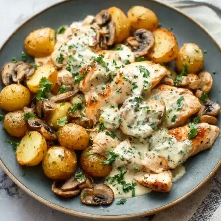 Creamy Garlic Mushroom Chicken Alfredo with Basil Pesto Potatoes Recipe