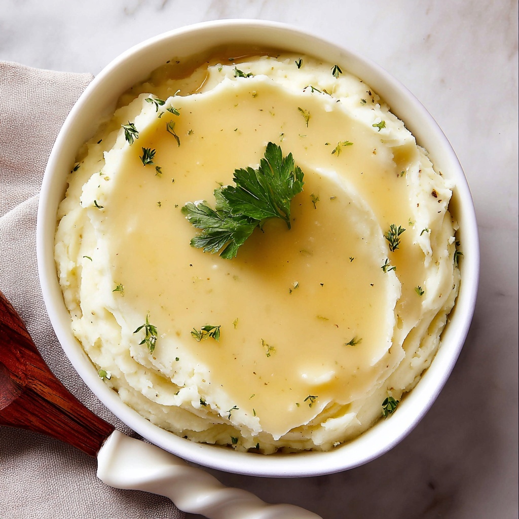 Garlic Parmesan Mashed Potatoes with Savory Gravy Recipe - Recipe Image