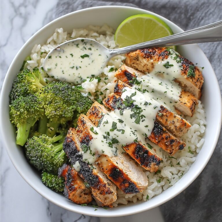 Grilled Chicken & Broccoli Bowls with Creamy Garlic Sauce Recipe