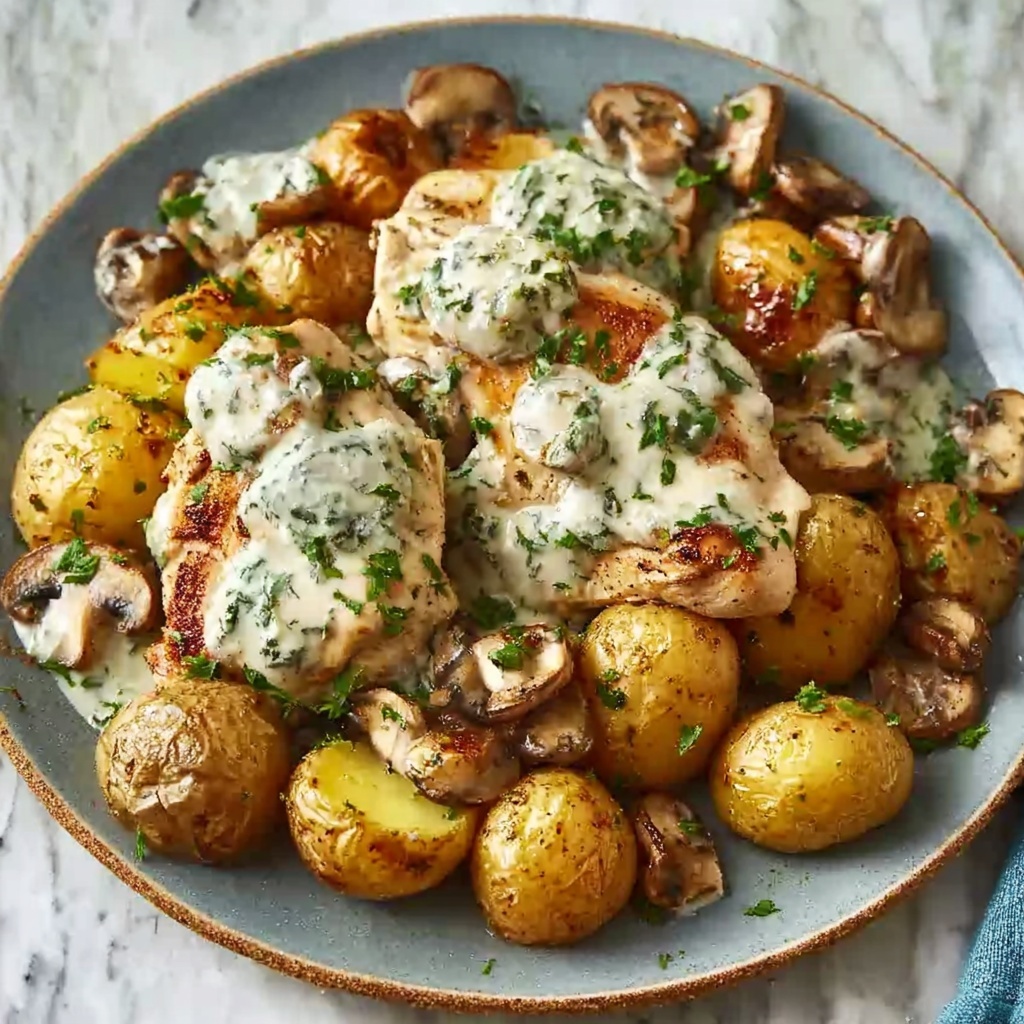 Creamy Garlic Mushroom Chicken Alfredo with Basil Pesto Potatoes Recipe - Recipe Image