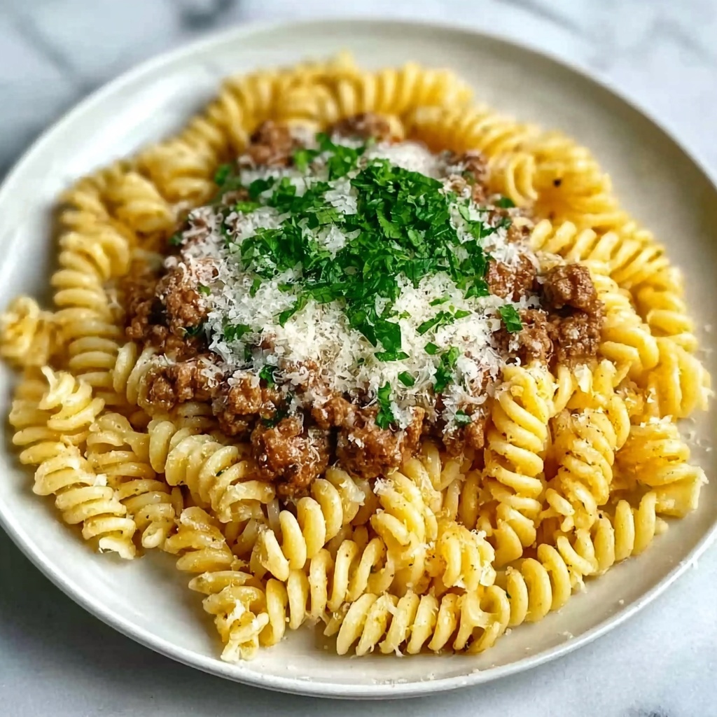 Beef and Rotini in Garlic Parmesan Sauce Recipe - Recipe Image
