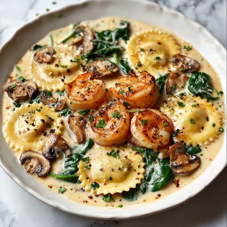 Seafood Ravioli with Spinach and Mushrooms in Garlic Cream Sauce Recipe
