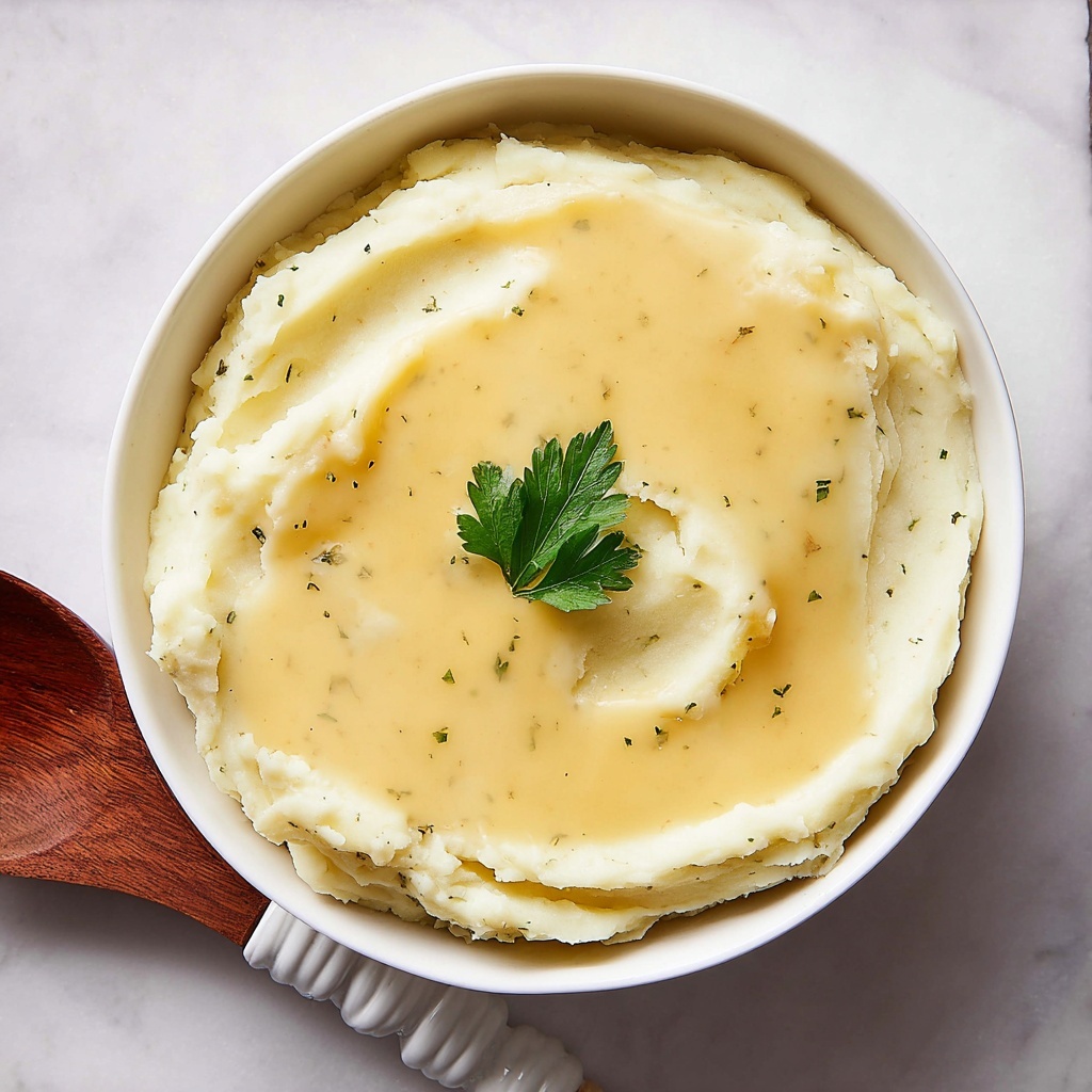 Garlic Parmesan Mashed Potatoes with Savory Gravy Recipe - Recipe Image
