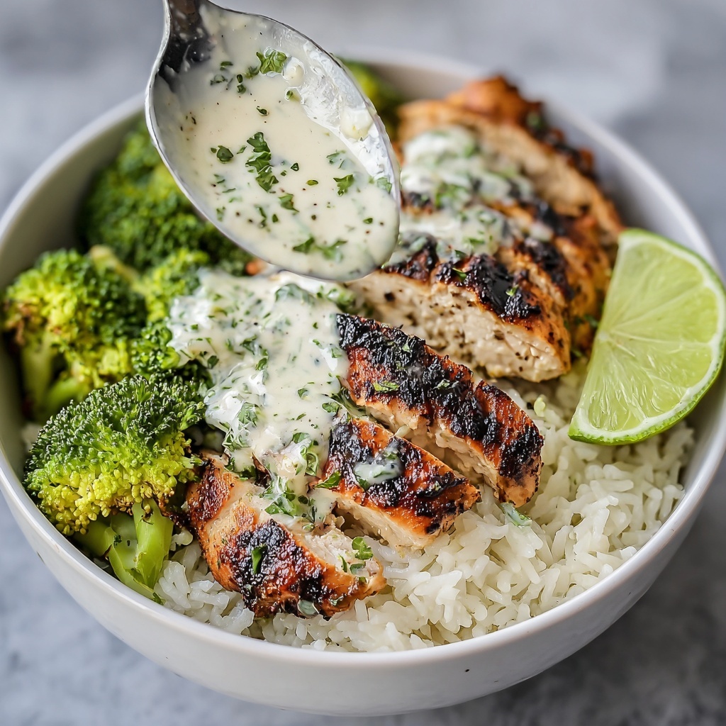 Grilled Chicken & Broccoli Bowls with Creamy Garlic Sauce Recipe - Recipe Image
