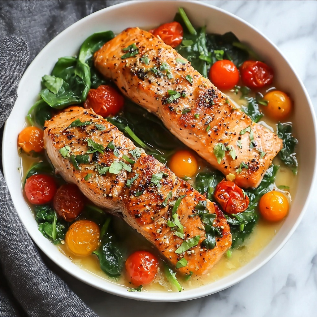 Tuscan Garlic Salmon with Spinach and Tomato Recipe - Recipe Image