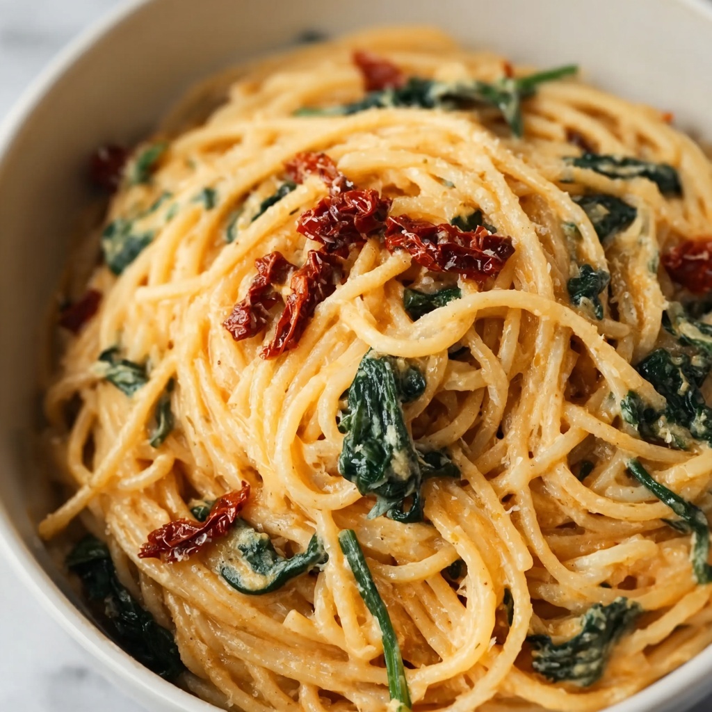 Spaghetti & Spinach with Sun-Dried Tomato Cream Sauce Recipe - Recipe Image