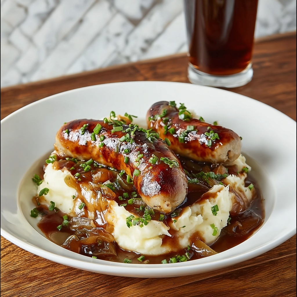 Bangers and Colcannon with Guinness Onion Gravy Recipe - Recipe Image
