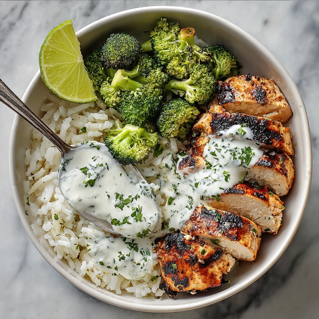 Grilled Chicken & Broccoli Bowls with Creamy Garlic Sauce Recipe - Recipe Image