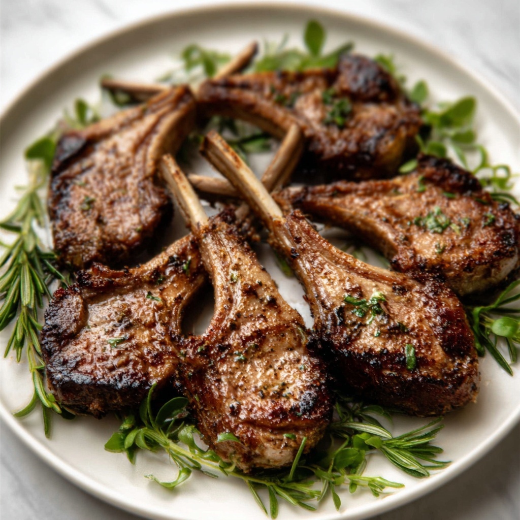 Grilled Lamb Cutlets with Garlic and Rosemary Over Baby Greens Recipe - Recipe Image
