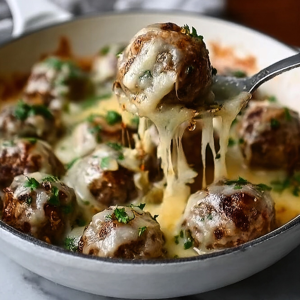French Onion Meatballs with Caramelized Onion Gravy Recipe - Recipe Image