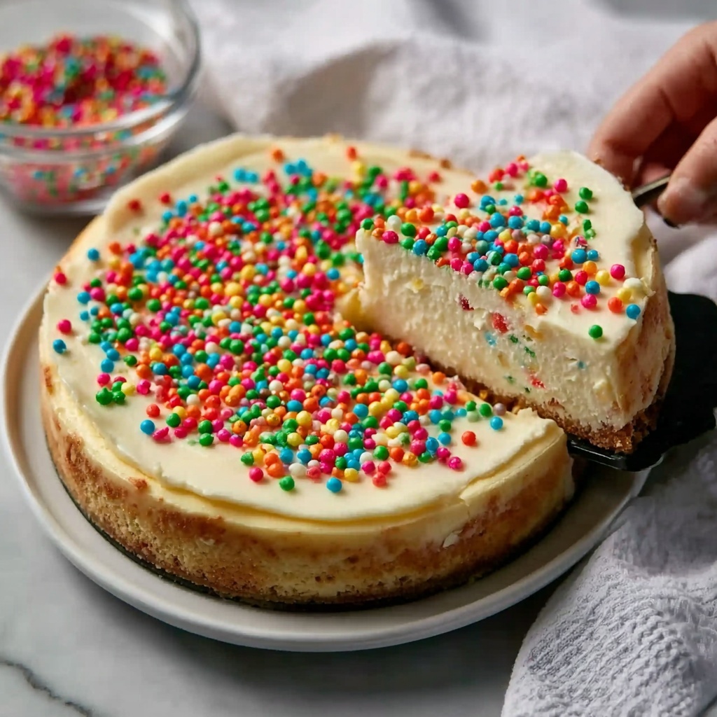 Sugar Cookie Cheesecake with Festive Sprinkles Recipe - Recipe Image