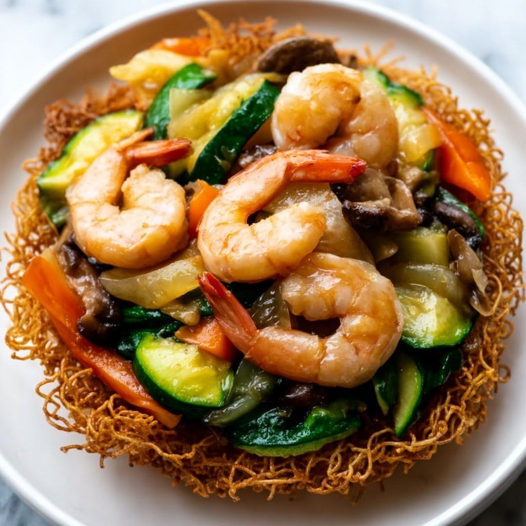 Crispy Cake Noodle Stir Fry with Shrimp and Vegetables Recipe - Recipe Image
